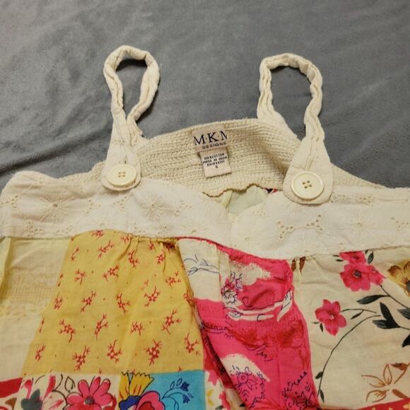 MKM Shirt Womens Small Pink Patchwork Strap Tank Top Beige Smocked Back Button - Picture 7 of 11